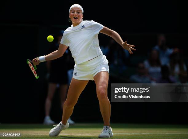 Jelena Ostapenko of Latvia during her semi-final match against Angelique Kerber of Germany on day ten of the Wimbledon Lawn Tennis Championships at...