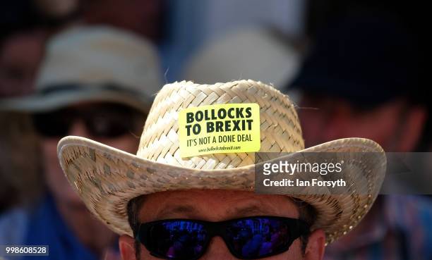 Man wears an anti-brexit sticker on his hat during the 134th Durham Miners' Gala on July 14, 2018 in Durham, England. Over two decades after the last...