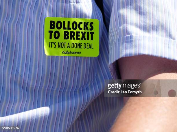 Man wears an anti-brexit sticker on his shirt during the 134th Durham Miners' Gala on July 14, 2018 in Durham, England. Over two decades after the...