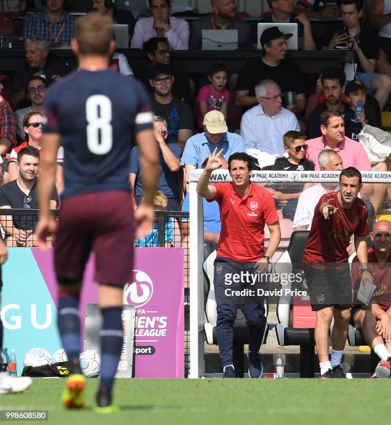 Arsenal Head Coach Unai Emery during the match between Borehamwood and Arsenal at Meadow Park on July 14, 2018 in Borehamwood, England.