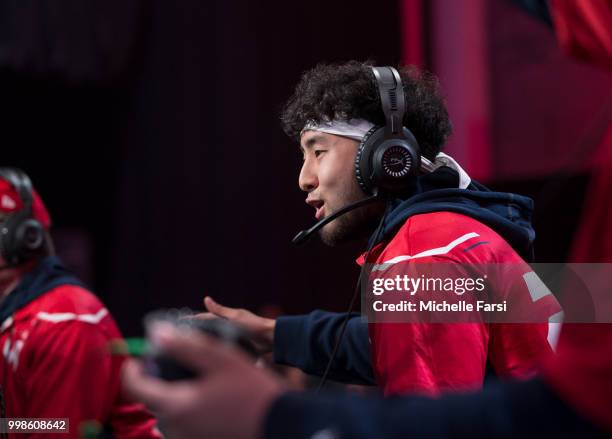 Jin of Wizards District Gaming reacts during game against Knicks Gaming during Day 3 of the NBA 2K - The Ticket tournament on July 14, 2018 at the...