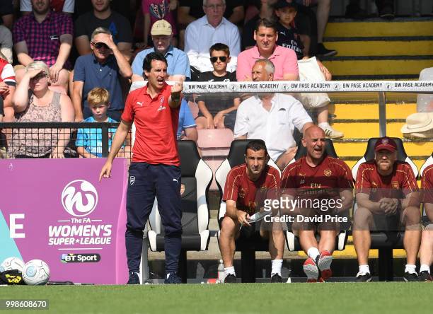 Arsenal Head Coach Unai Emery during the match between Borehamwood and Arsenal at Meadow Park on July 14, 2018 in Borehamwood, England.