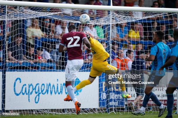 Jonathan Kodjia of Aston Villa scores his second goal following a mistake by Telford goalkeeper during the Pre-season friendly between AFC Telford...