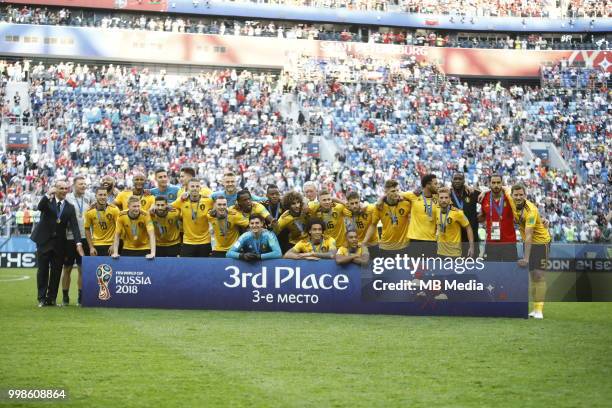 Belgium players pose for a photo after the 2018 FIFA World Cup Russia 3rd Place Playoff match between Belgium and England at Saint Petersburg Stadium...