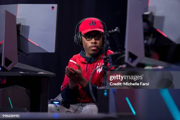 ReeseDaGod23 of Wizards District Gaming reacts during game against Knicks Gaming during Day 3 of the NBA 2K - The Ticket tournament on July 14, 2018...