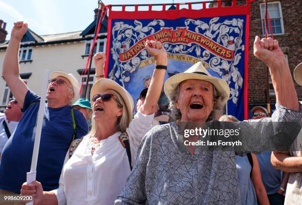Members of a choir sing as they stand below the County Hotel during the 134th Durham MinersÕ Gala on July 14, 2018 in Durham, England. Over two...
