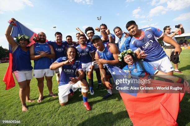 Players of Samoa celebrate after the Germany v Samoa Rugby World Cup 2019 qualifying match on July 14, 2018 in Heidelberg, Germany.