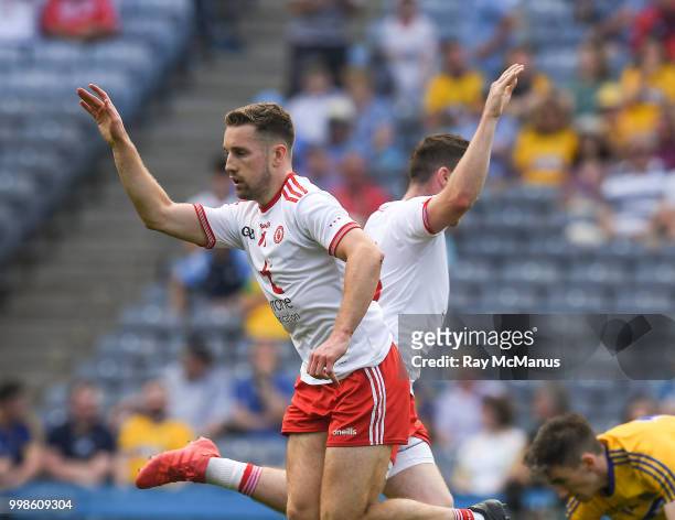 Dublin , Ireland - 14 July 2018; Niall Sludden of Tyrone celebrates, with teammate Connor McAliskey, right, after scoring a goal in the 12th minute...