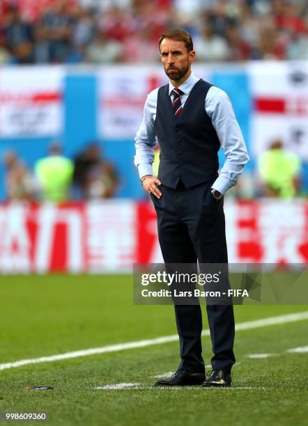 Gareth Southgate, Manager of England looks on during the 2018 FIFA World Cup Russia 3rd Place Playoff match between Belgium and England at Saint...