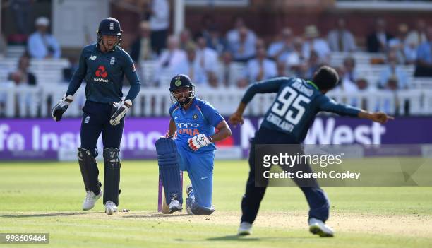 Suresh Raina of India is bowled by Adil Rashid of England during the 2nd ODI Royal London One-Day match between England and India at Lord's Cricket...