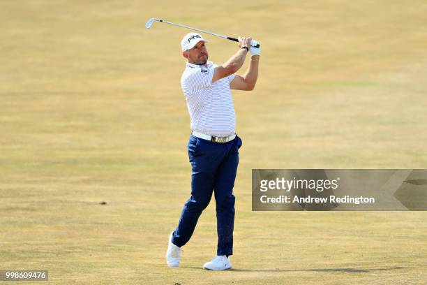 Lee Westwood of England takes his second shot on hole four during day three of the Aberdeen Standard Investments Scottish Open at Gullane Golf Course...