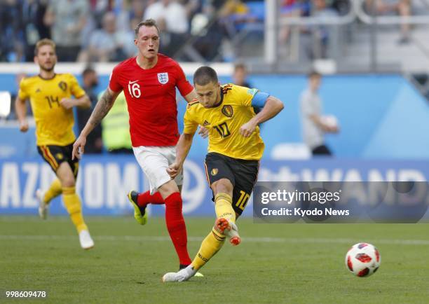 Eden Hazard of Belgium scores his side's second goal during the second half of a World Cup playoff for third place against England in St. Petersburg,...