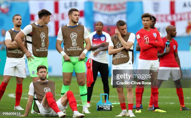England players show their dejection following the defeat in the 2018 FIFA World Cup Russia 3rd Place Playoff match between Belgium and England at...