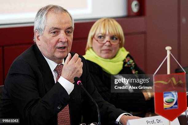 Klaus Toepfer, former German environment minister, talks during a press conference to the 'Green Goal' environmental campaign for the women's World...