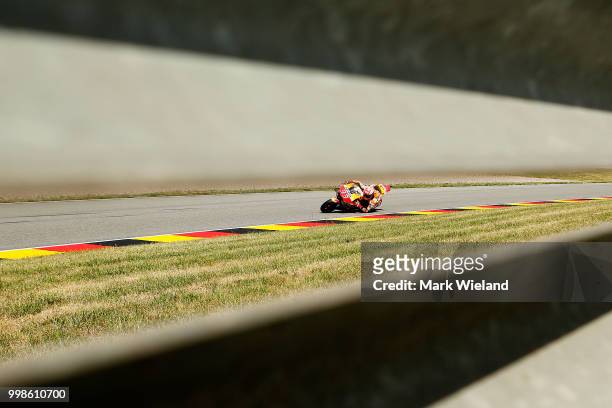 Marc Marquez of Spain and Repsol Honda Team rides in qualifying during the MotoGP of Germany at Sachsenring Circuit on July 14, 2018 in...