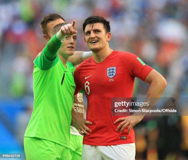 England goalkeeper Jordan Pickford points out something in the stadium to Harry Maguire of England after the 2018 FIFA World Cup Russia 3rd Place...