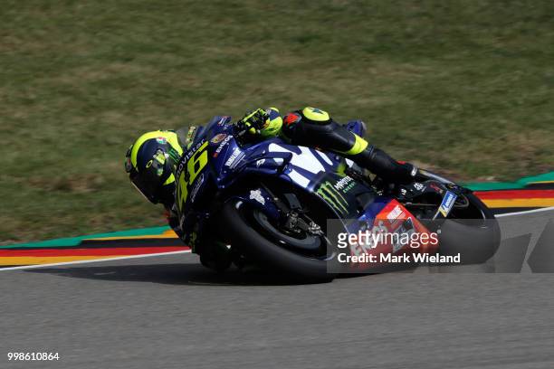 Valentino Rossi of Italy and Movistar Yamaha Team rides in qualifying during the MotoGP of Germany at Sachsenring Circuit on July 14, 2018 in...