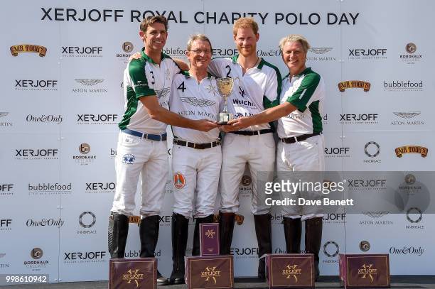 Malcolm Borwick, Harald Link, Prince Harry, Duke of Sussex and Simon Holland attend the Xerjoff Royal Charity Polo Cup 2018 on July 14, 2018 in...