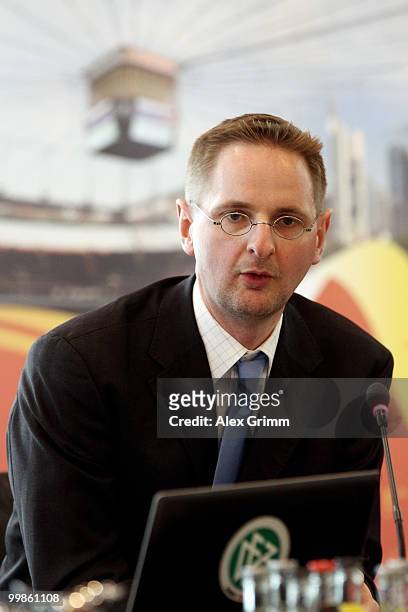 Martin Schmied talks during a press conference to the 'Green Goal' environmental campaign for the women's World Cup 2011 at the DFB headquarters on...
