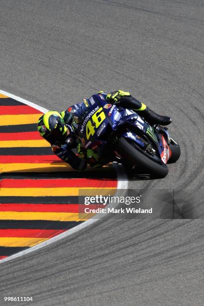 Valentino Rossi of Italy and Movistar Yamaha Team rides in qualifying during the MotoGP of Germany at Sachsenring Circuit on July 14, 2018 in...