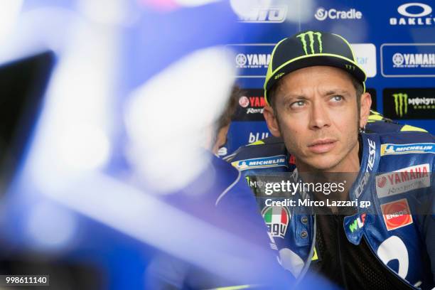 Valentino Rossi of Italy and Movistar Yamaha MotoGP looks on in box at end of the qualifying practice during the MotoGp of Germany - Qualifying at...