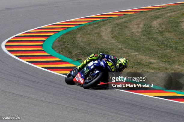 Valentino Rossi of Italy and Movistar Yamaha Team rides in qualifying during the MotoGP of Germany at Sachsenring Circuit on July 14, 2018 in...