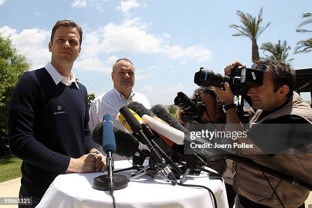 Team manager Oliver Bierhoff of Germany talks to the media during a press conference at Verdura Golf and Spa Resort on May 18, 2010 in Sciacca, Italy.