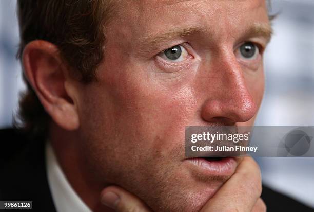 Captain, Paul Collingwood of England talks to the media after returning to Gatwick Airport on May 18, 2010 in London, England.