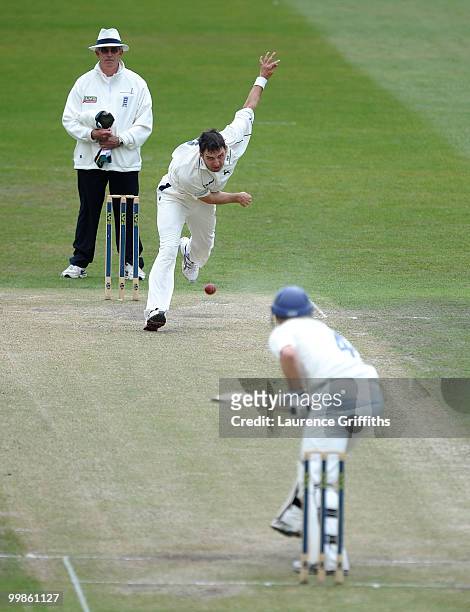 Paul Franks of Nottinghamshire fires in a delivery to James Adams of Hampshire during the LV County Championship match between Nottinghamshire and...