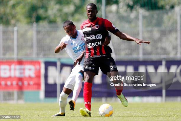 Pablo Rosario of PSV, Hamed Kone of Neuchatel Xamax FCS during the Club Friendly match between PSV v Neuchatel Xamax FCS on July 14, 2018 in Bagnes...