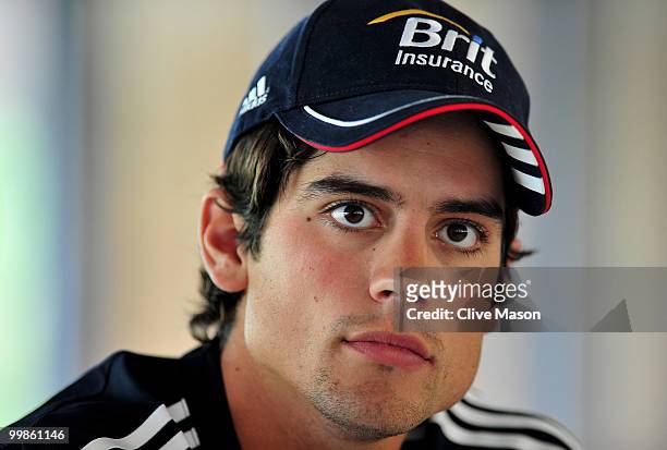 Alastair Cook of England poses for photographs after a press conference ahead of a net session at The County Ground on May 18, 2010 in Derby, England.