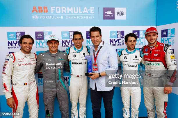 In this handout provided by FIA Formula E, Jérôme d'Ambrosio , Dragon Racing, Penske EV-2, Mitch Evans , Panasonic Jaguar Racing, Jaguar I-Type II,...