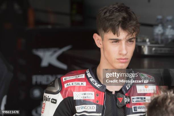 Tony Arbolino of Italy and Marinelli Snipers Team looks on in pit during the qualifying practice during the MotoGp of Germany - Qualifying at...