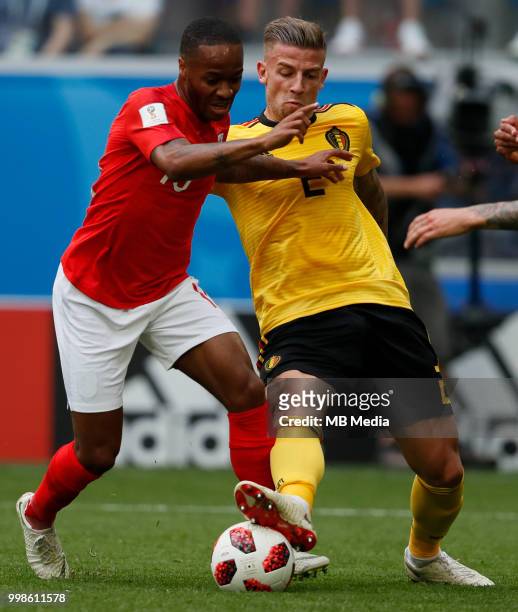Toby Alderweireld of Belgium and Raheem Sterling of England vie for the ball during the 2018 FIFA World Cup Russia 3rd Place Playoff match between...