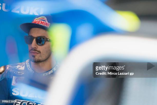 Andrea Iannone of Italy and Team Suzuki ECSTAR looks on in box during the qualifying practice during the MotoGp of Germany - Qualifying at...