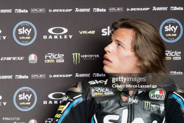 Niccolo Bulega of Italy and Sky Racing Team VR46 looks on in box during the qualifying practice during the MotoGp of Germany - Qualifying at...