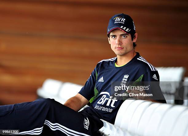 Alastair Cook of England poses for photographs after a press conference ahead of a net session at The County Ground on May 18, 2010 in Derby, England.