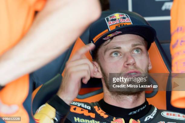 Brad Binder of South Africa and Red Bull KTM Ajo speaks in box during the qualifying practice during the MotoGp of Germany - Qualifying at...