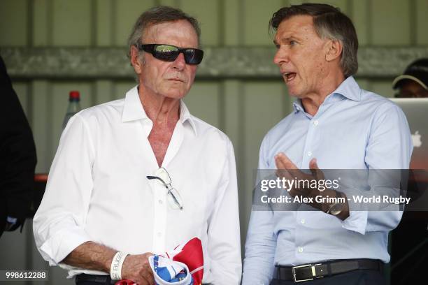 Hans-Peter Wild talks to newly elected DRV president Robin J. Stalker prior to the Germany v Samoa Rugby World Cup 2019 qualifying match on July 14,...