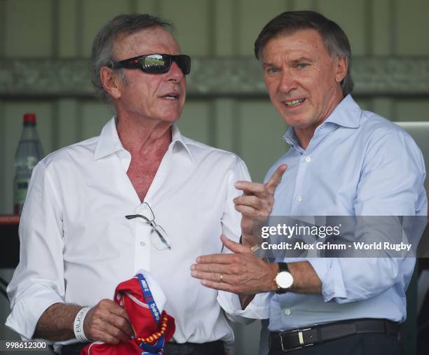 Hans-Peter Wild talks to newly elected DRV president Robin J. Stalker prior to the Germany v Samoa Rugby World Cup 2019 qualifying match on July 14,...