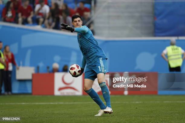 Thibaut Courtois of Belgium passes the ball during the 2018 FIFA World Cup Russia 3rd Place Playoff match between Belgium and England at Saint...