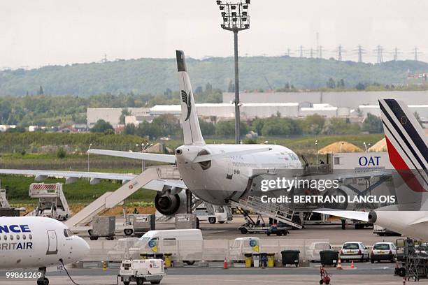 Picture taken on May 18, 2010 shows a Iranian Air plane which alledgedly carries the Iranian agent Ali Vakili Rad at the Orly airport, near Paris,...