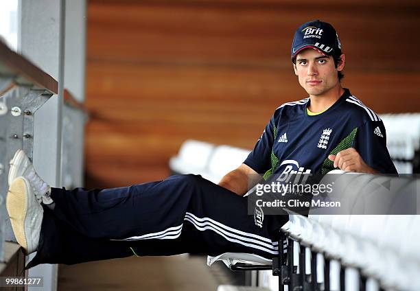 Alastair Cook of England poses for photographs after a press conference ahead of a net session at The County Ground on May 18, 2010 in Derby, England.