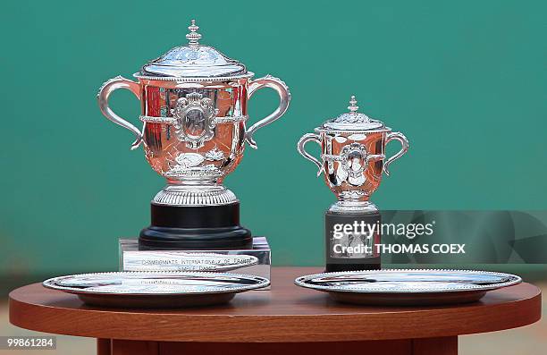 Picture of the French Tennis Open women singles' Suzanne Lenglen cup , and its replica, taken after the final match between Belgian player Justine...