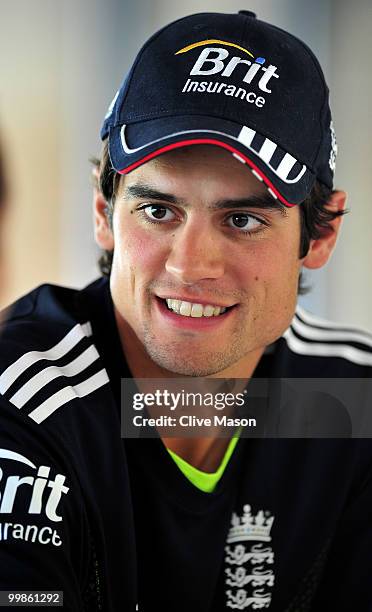 Alastair Cook of England poses for photographs after a press conference ahead of a net session at The County Ground on May 18, 2010 in Derby, England.