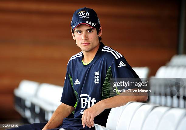 Alastair Cook of England poses for photographs after a press conference ahead of a net session at The County Ground on May 18, 2010 in Derby, England.