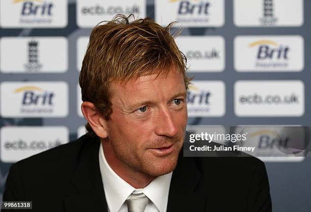 Captain, Paul Collingwood of England talks to the media after returning to Gatwick Airport on May 18, 2010 in London, England.
