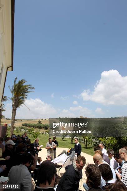 Team manager Oliver Bierhoff of Germany talks to the media during a press conference at Verdura Golf and Spa Resort on May 18, 2010 in Sciacca, Italy.