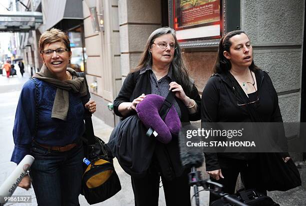 Laura Fattal , Nora Shourd and Cindy Hickey , mothers of the US hikers being held in Iran, speak to the media before leaving to the airport May 18,...