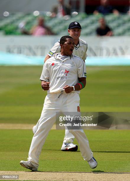 Makhaya Ntini of Kent celebrates taking the wicket of Kyle Coetzer of Durham during the LV County Championship Division One match between Kent and...